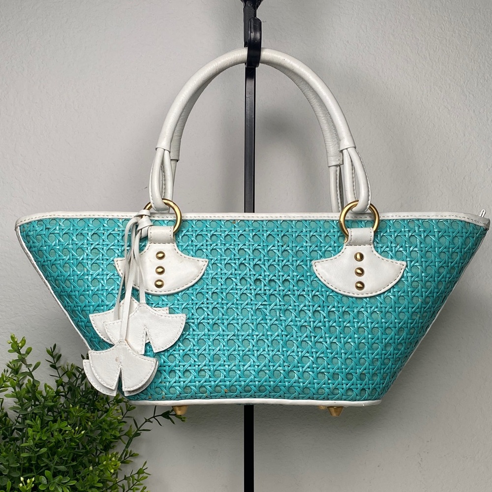Inge Trapezoid Shoulder Bag Satchel in Turquoise Cane, White Trim,‎ Linen Lining